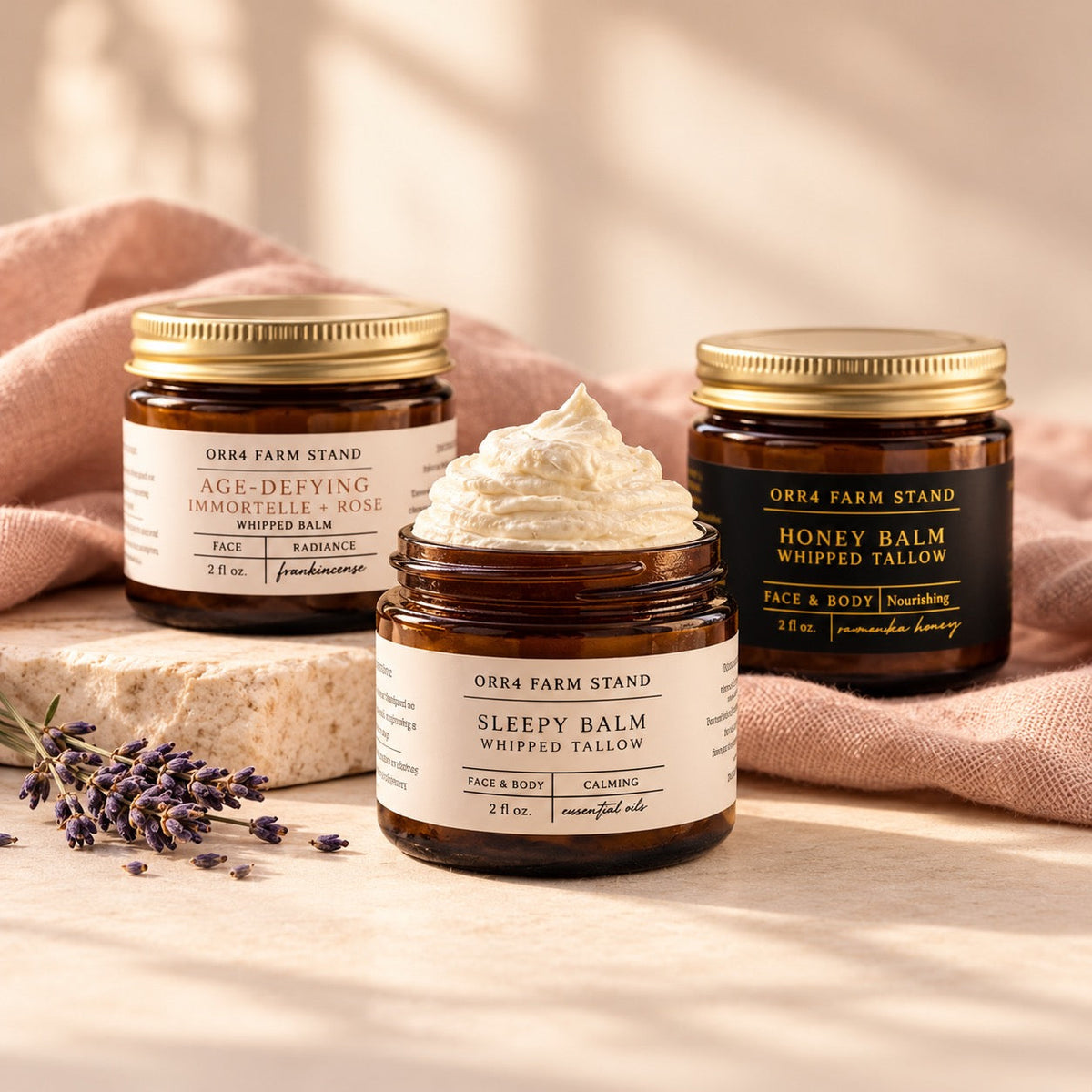 Orr4 Farm Stand bedtime collection on warm cream and blush background