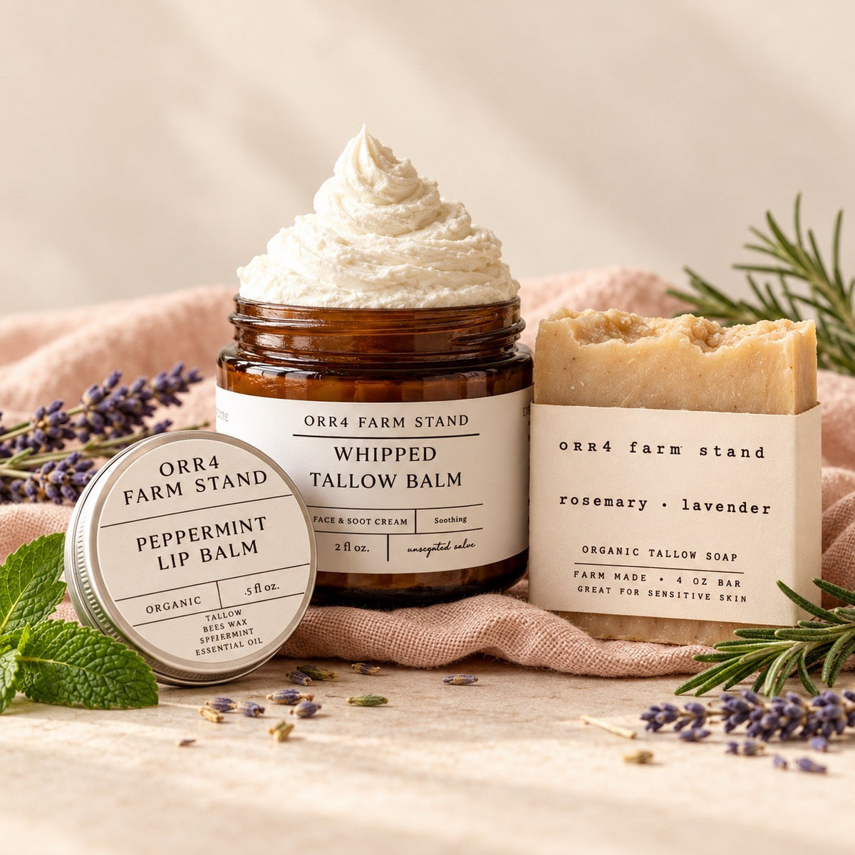 Orr4 Farm Stand skincare collection on warm cream and blush background